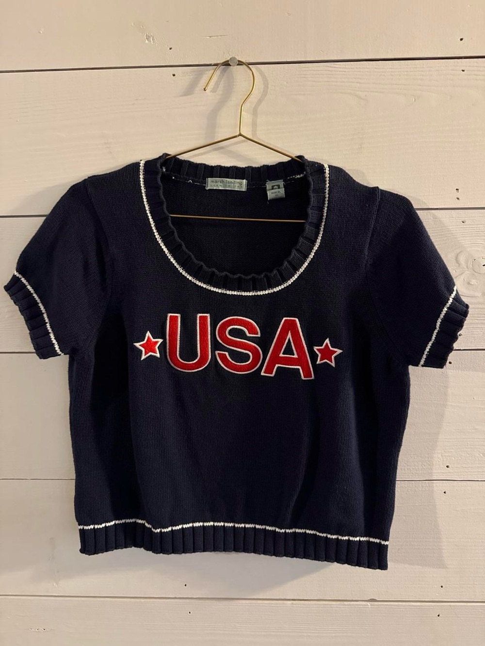 Vintage Marsh Landing Navy Short-Sleeve Crewneck Sweater with Red USA Lettering